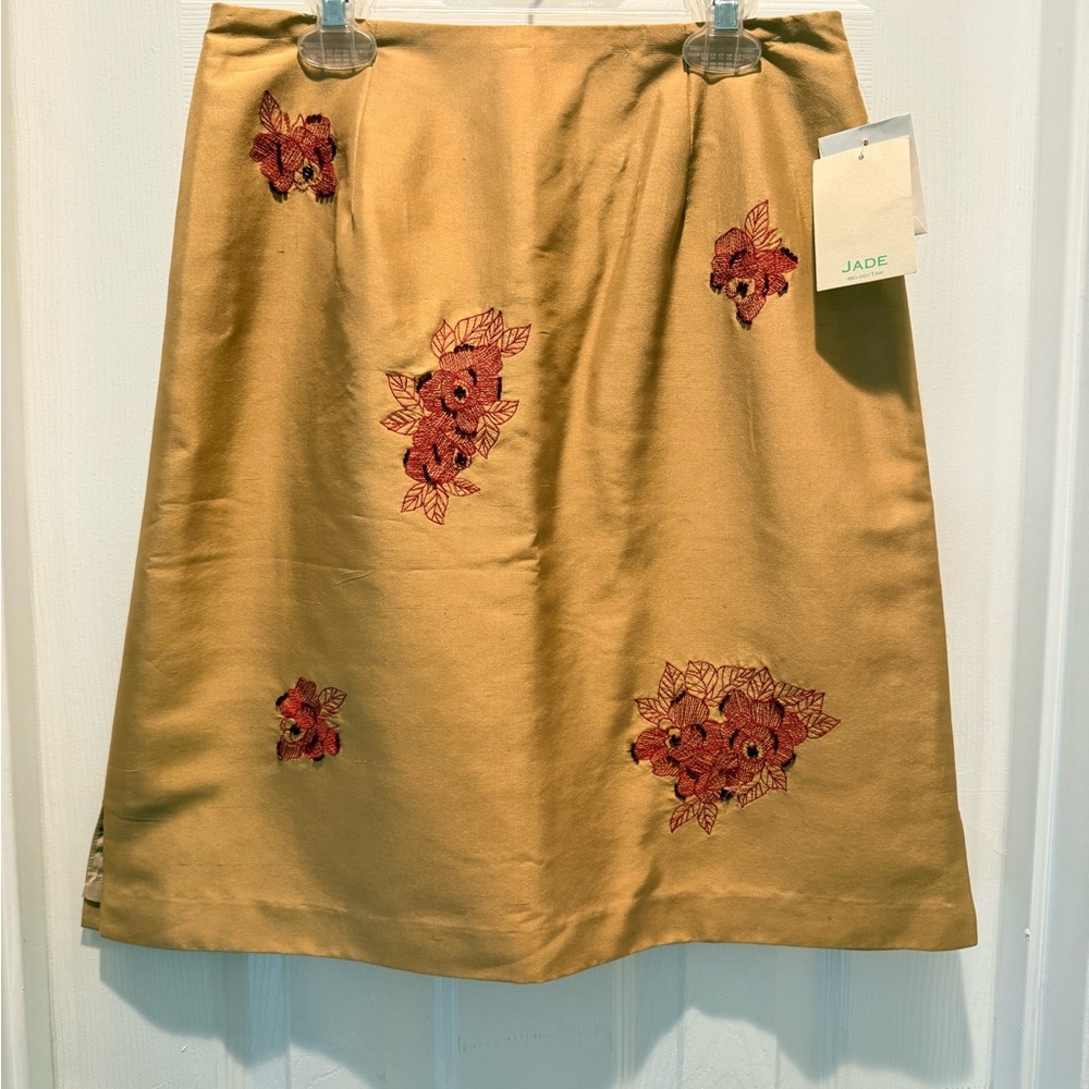 Jade A-Line Skirt with Red Floral Embroidery